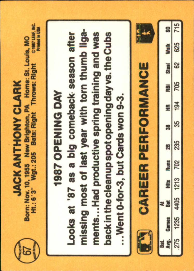 1987 Donruss Opening Day #67 Jack Clark back image