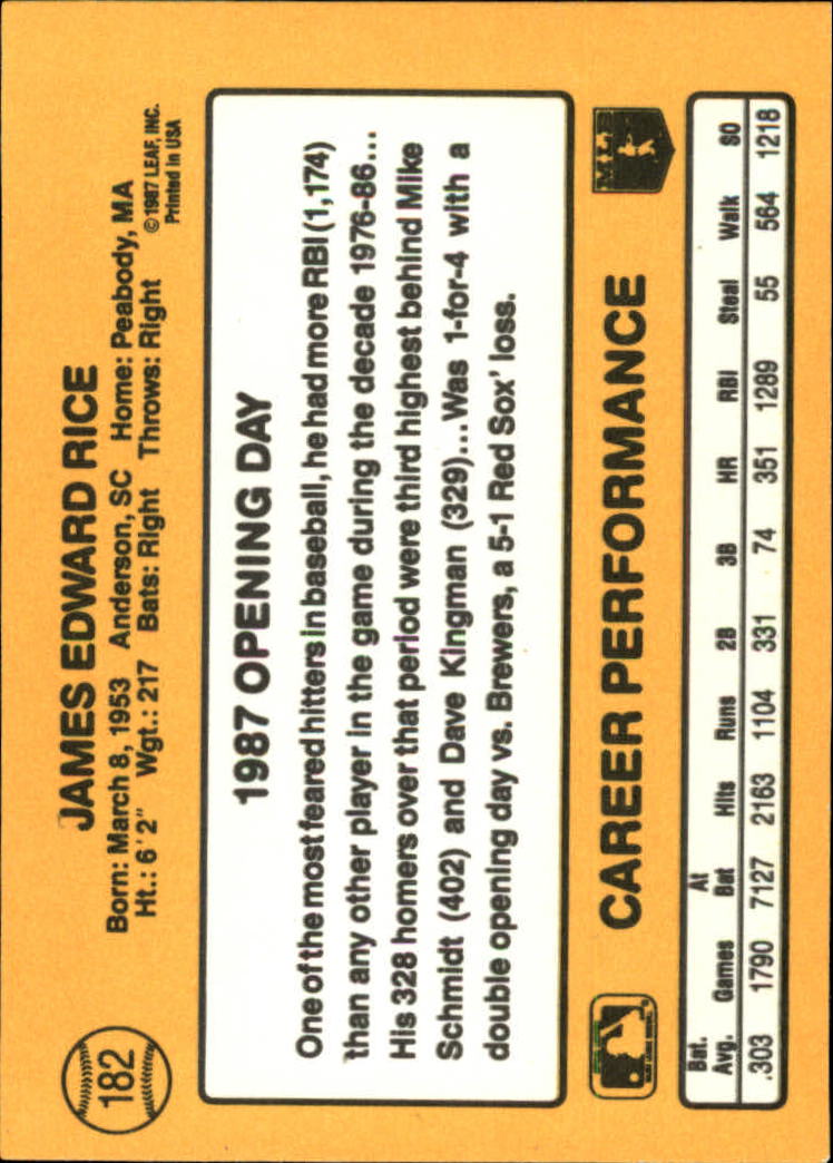 1987 Donruss Opening Day #182 Jim Rice back image