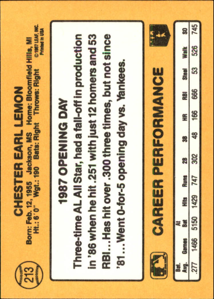 1987 Donruss Opening Day #213 Chet Lemon back image
