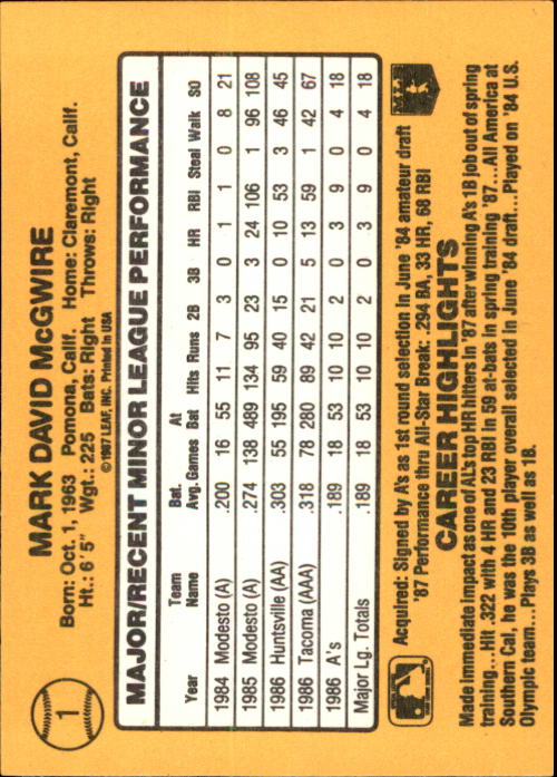 1987 donruss rookies #1 MARK MCGWIRE oakland athletics ROOKIE card