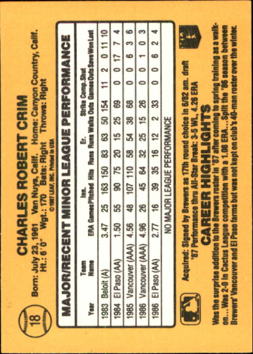 1987 Donruss Rookies #18 Chuck Crim back image