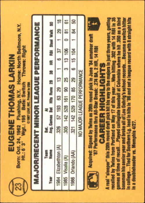 1987 Donruss Rookies #23 Gene Larkin XRC back image