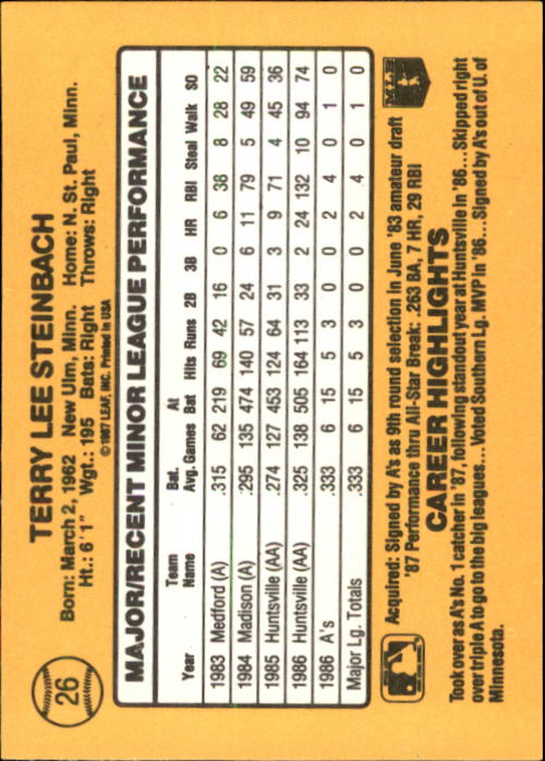 1987 Donruss Rookies #26 Terry Steinbach back image