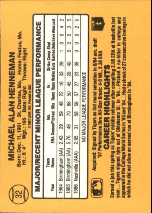 1987 Donruss Rookies #32 Mike Henneman XRC back image