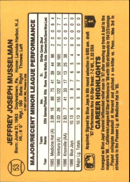 1987 Donruss Rookies #53 Jeff Musselman back image