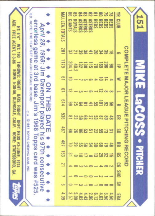 1987 Topps Tiffany #151 Mike LaCoss back image