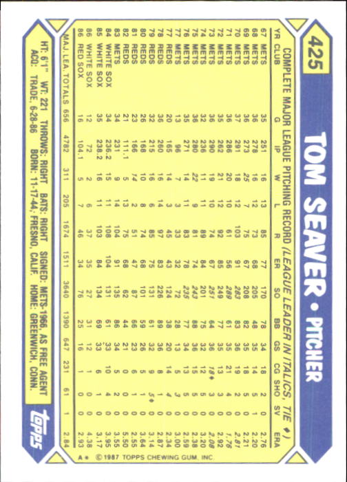  1987 Topps # 425 Tom Seaver Boston Red Sox (Baseball