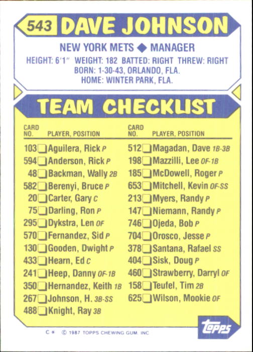 1987 Topps Tiffany #543 Dave Johnson MG/(Checklist back) back image