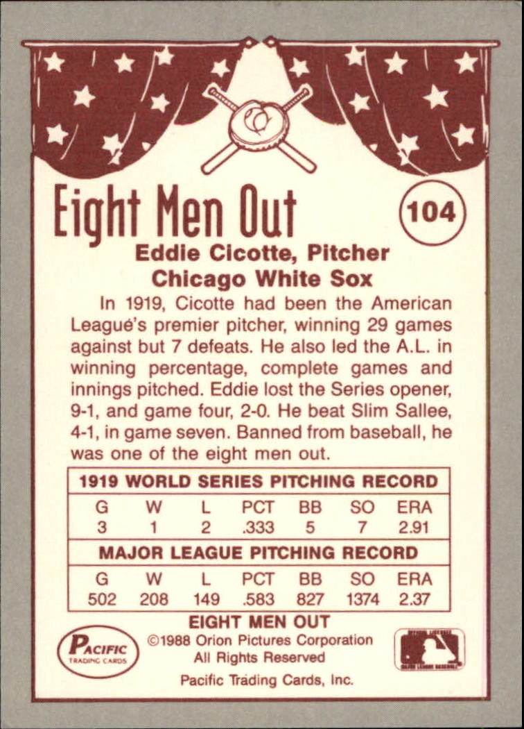 1988 Pacific Eight Men Out #104 Eddie Cicotte back image