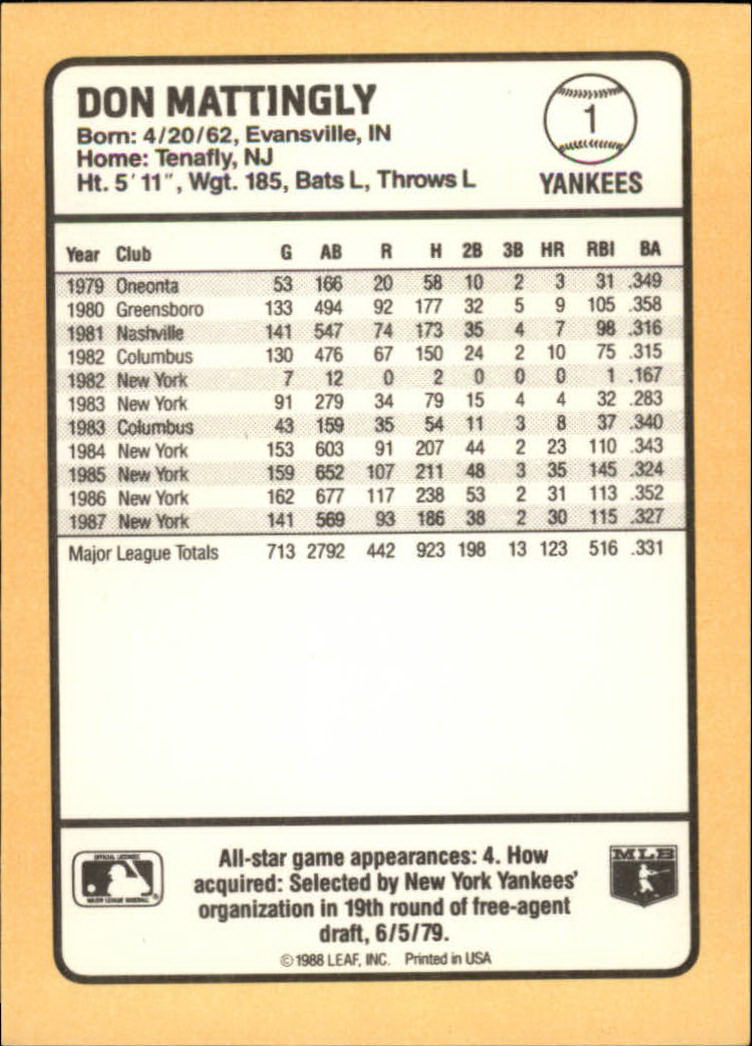 1988 Donruss Baseball's Best #1 Don Mattingly back image