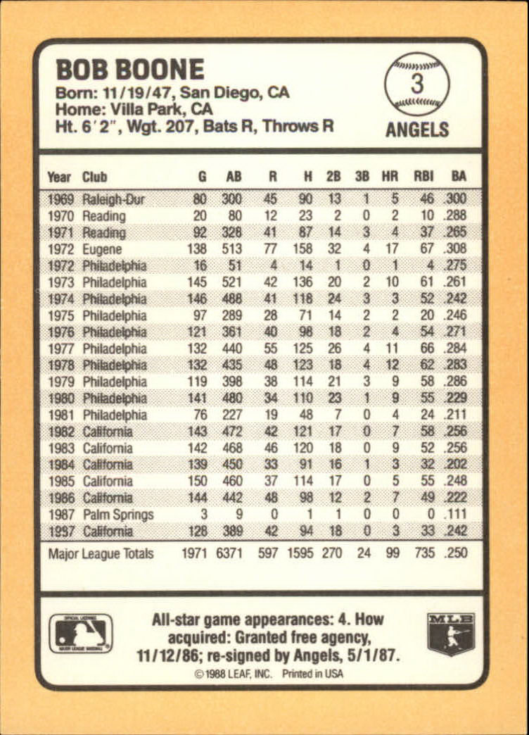 1988 Donruss Baseball's Best #3 Bob Boone back image