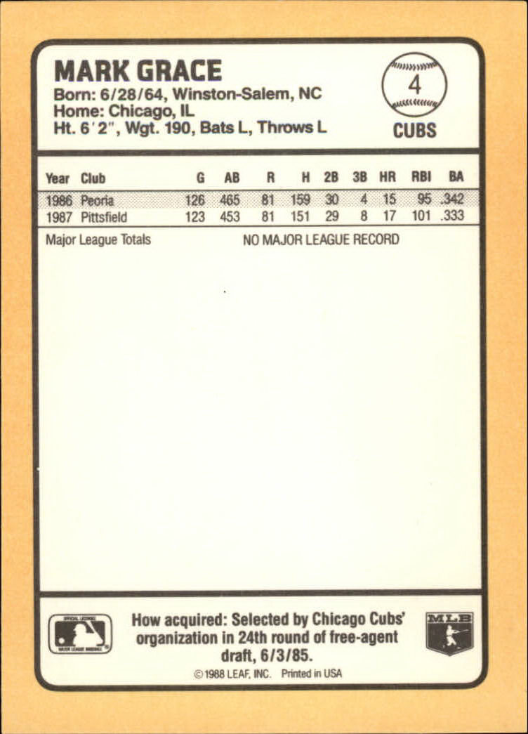 1988 Donruss Baseball's Best #4 Mark Grace back image