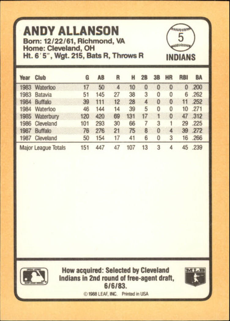 1988 Donruss Baseball's Best #5 Andy Allanson back image
