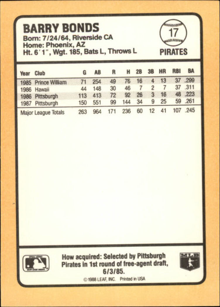1988 Donruss Baseball's Best #17 Barry Bonds back image