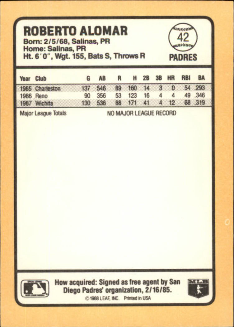 1988 Donruss Baseball's Best #42 Roberto Alomar back image