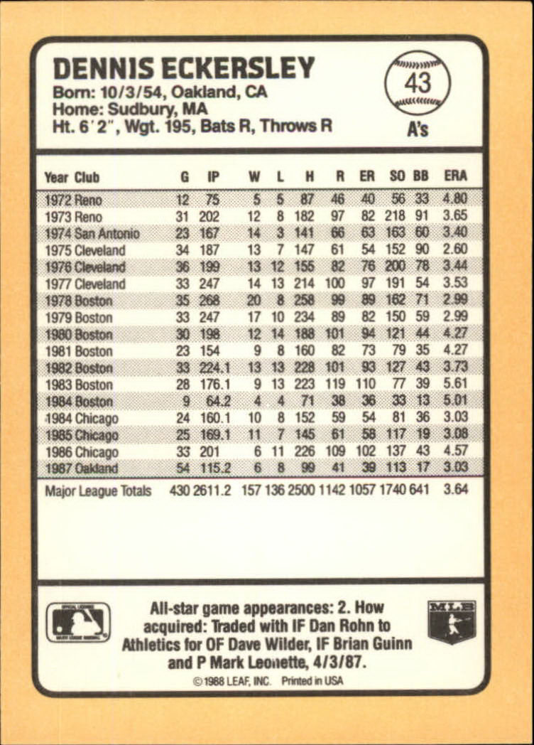 1988 Donruss Baseball's Best #43 Dennis Eckersley back image