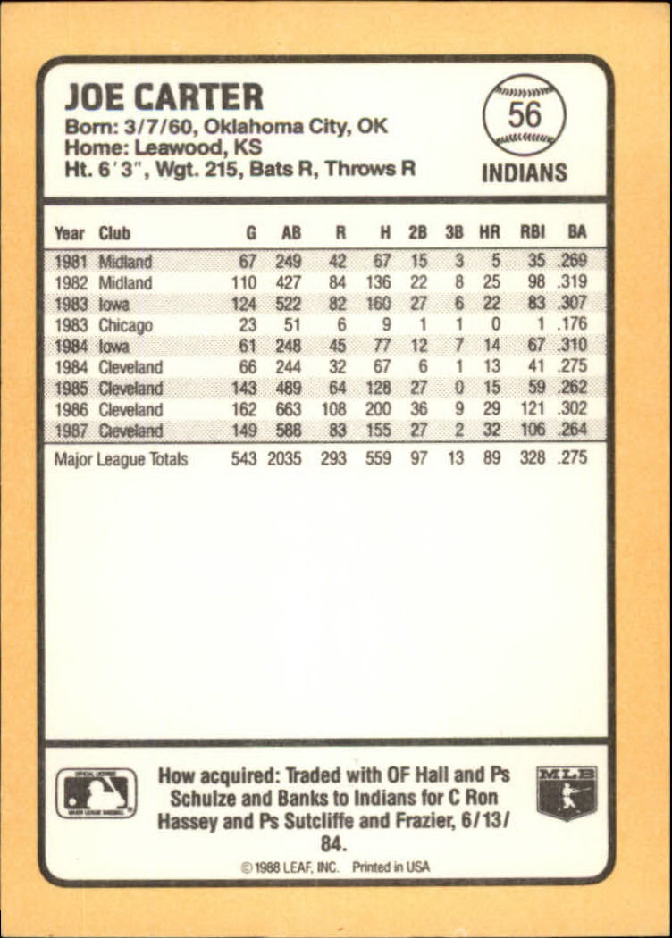 1988 Donruss Baseball's Best #56 Joe Carter back image