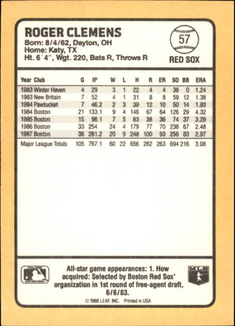 1988 Donruss Baseball's Best #57 Roger Clemens back image