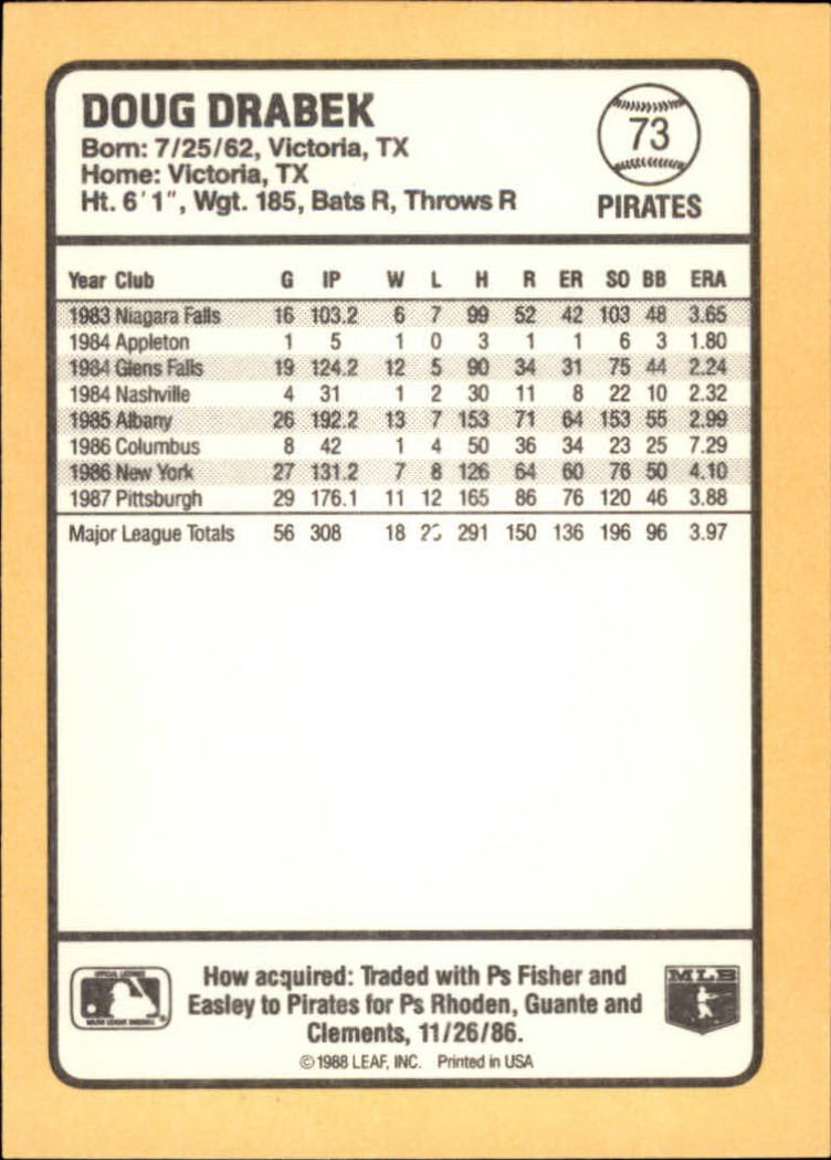 1988 Donruss Baseball's Best #73 Doug Drabek back image