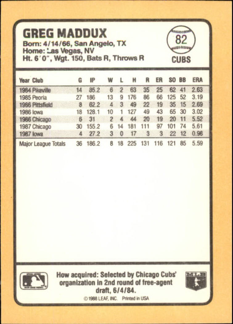 1988 Donruss Baseball's Best #82 Greg Maddux back image