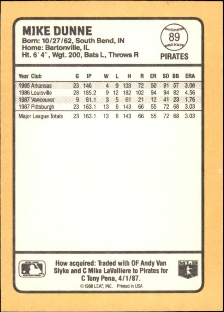 1988 Donruss Baseball's Best #89 Mike Dunne back image