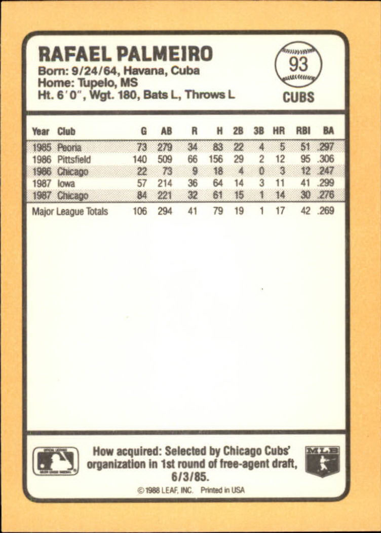 1988 Donruss Baseball's Best #93 Rafael Palmeiro back image