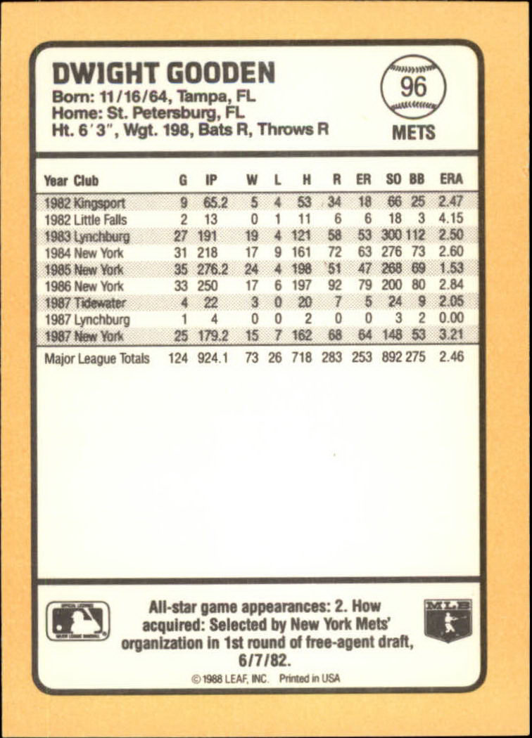 1988 Donruss Baseball's Best #96 Dwight Gooden back image