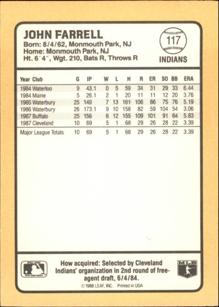 1988 Donruss Baseball's Best #117 John Farrell back image