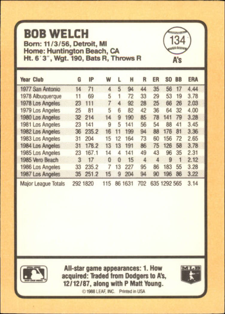 1988 Donruss Baseball's Best #134 Bob Welch back image