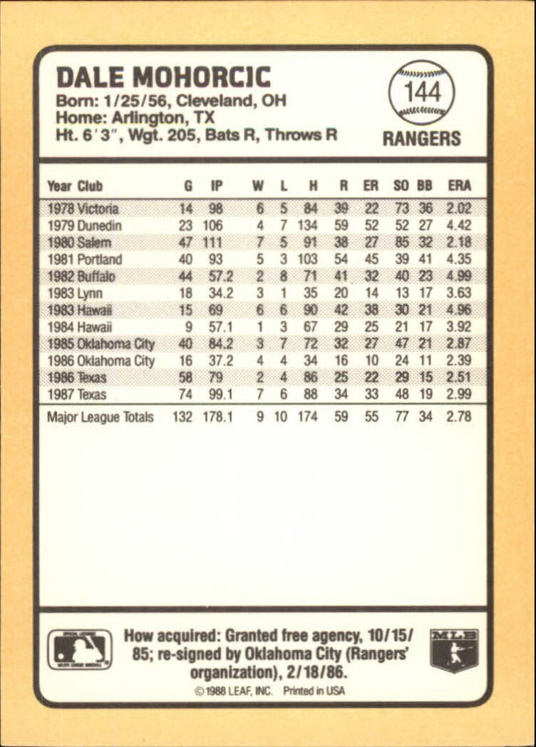 1988 Donruss Baseball's Best #144 Dale Mohorcic back image