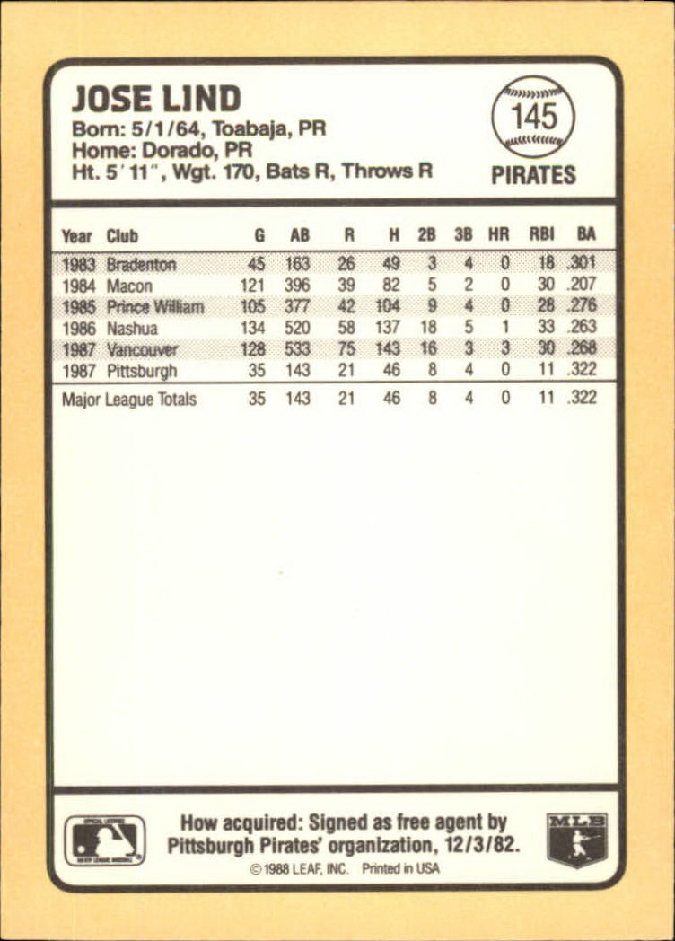 1988 Donruss Baseball's Best #145 Jose Lind back image