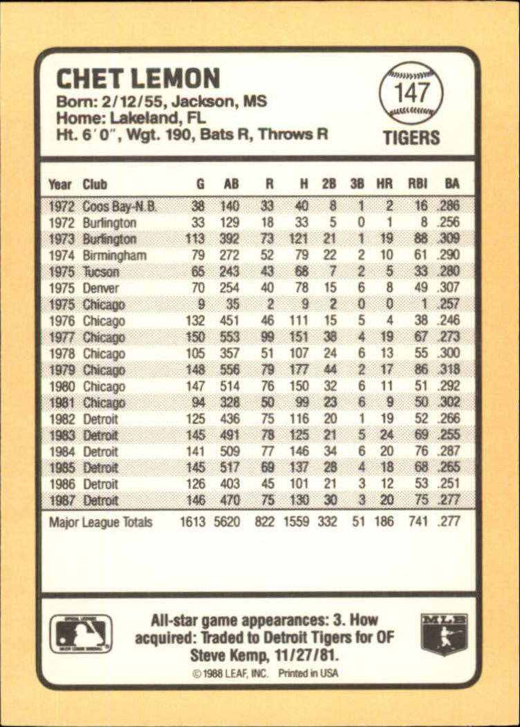 1988 Donruss Baseball's Best #147 Chet Lemon back image