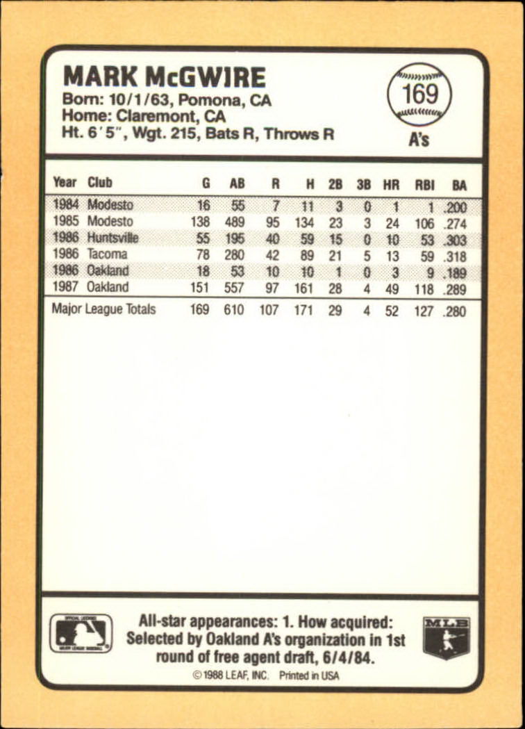 1988 Donruss Baseball's Best #169 Mark McGwire back image