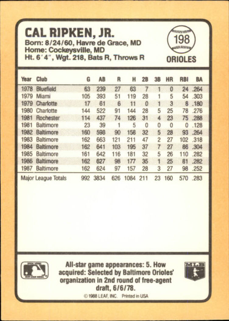 1988 Donruss Baseball's Best #198 Cal Ripken back image