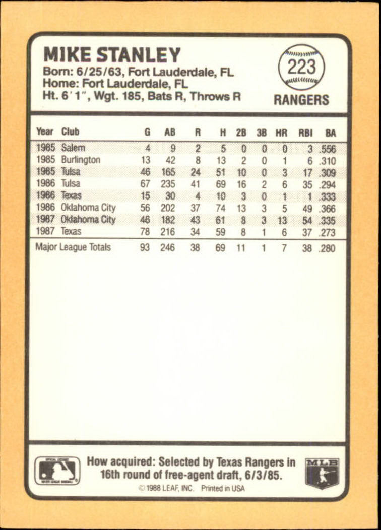 1988 Donruss Baseball's Best #223 Mike Stanley back image