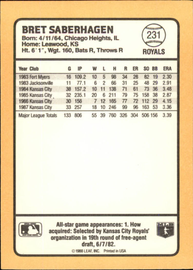 1988 Donruss Baseball's Best #231 Bret Saberhagen back image