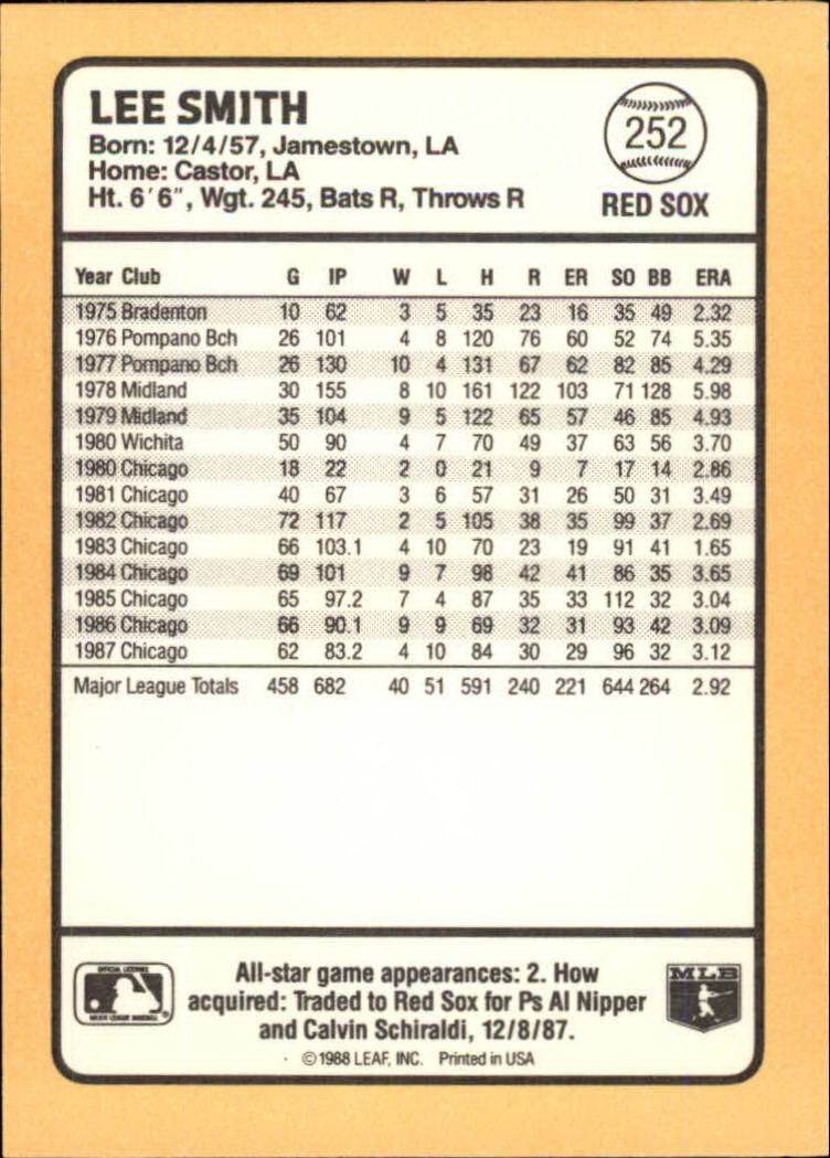 1988 Donruss Baseball's Best #252 Lee Smith back image