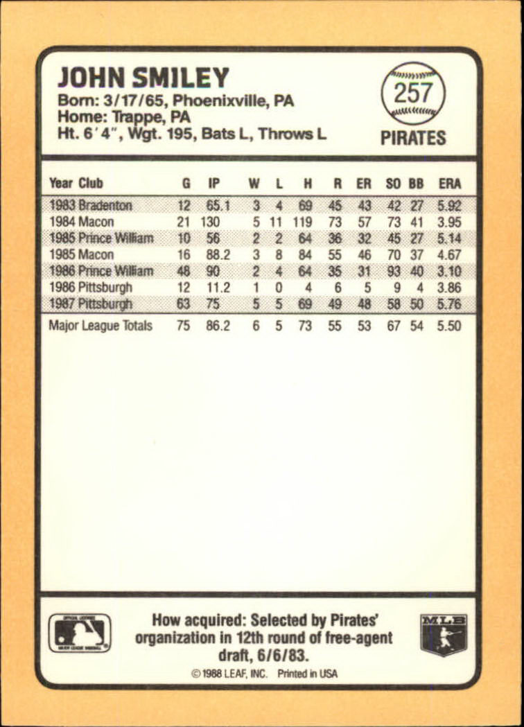 1988 Donruss Baseball's Best #257 John Smiley back image