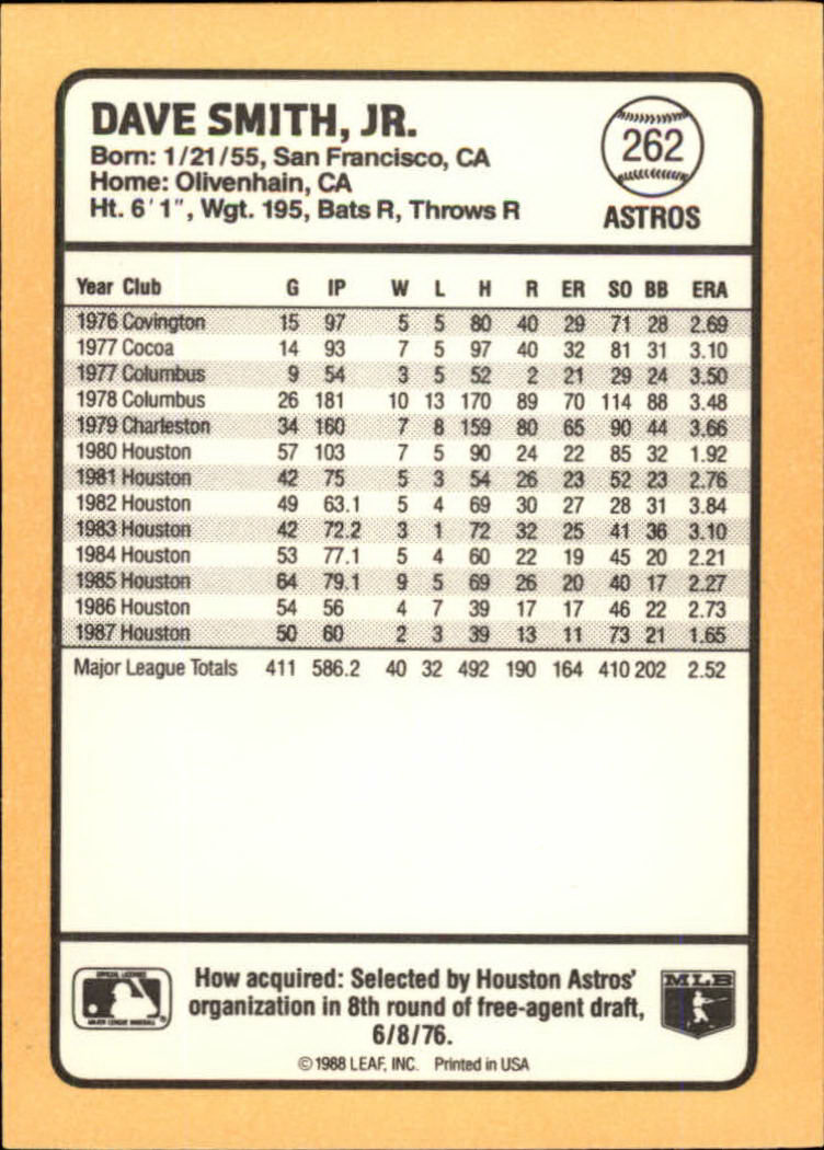 1988 Donruss Baseball's Best #262 Dave Smith back image