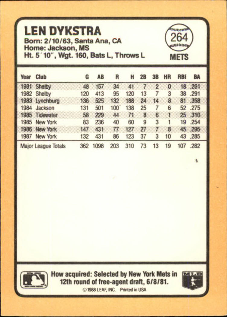1988 Donruss Baseball's Best #264 Lenny Dykstra