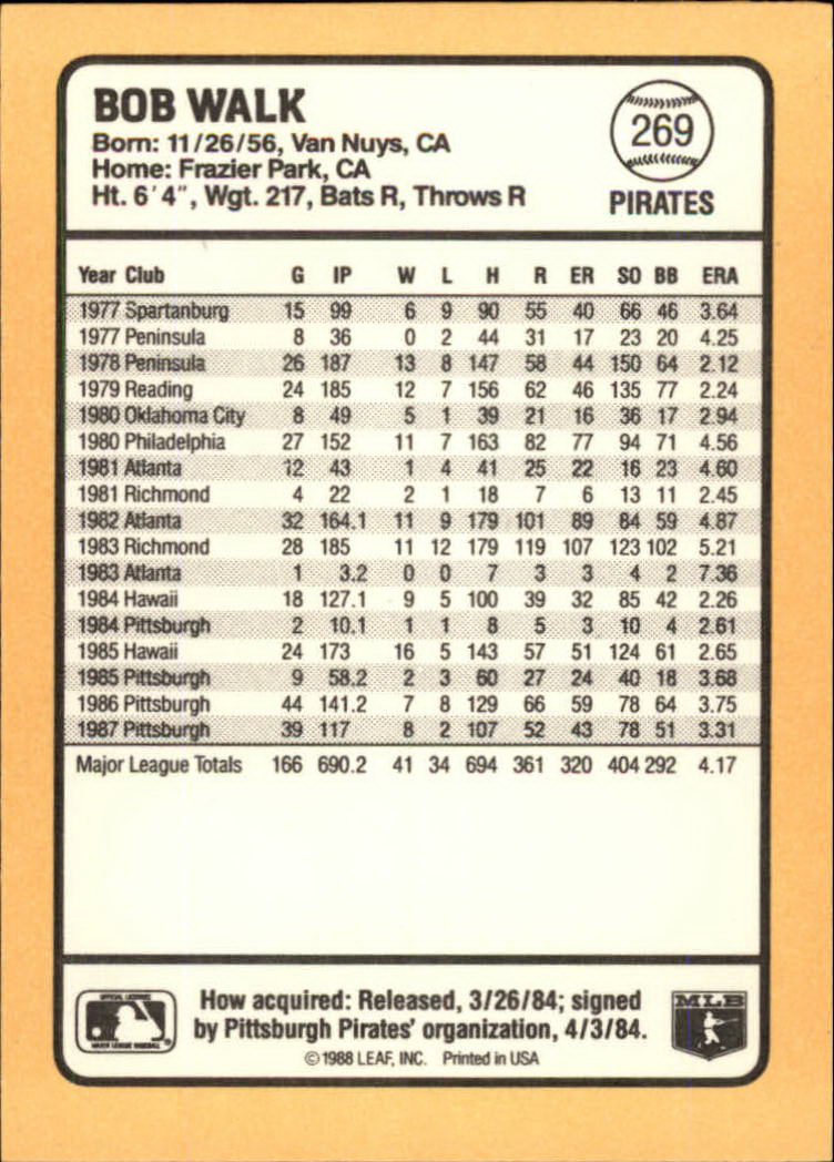 1988 Donruss Baseball's Best #269 Bob Walk back image