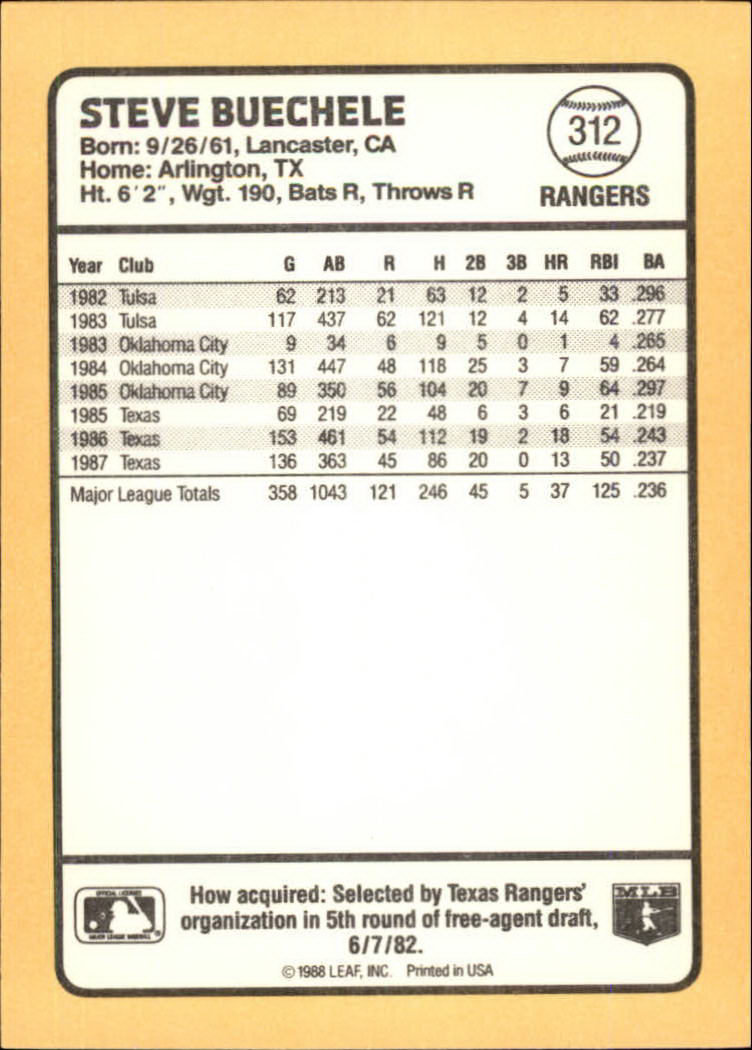 1988 Donruss Baseball's Best #312 Steve Buechele back image