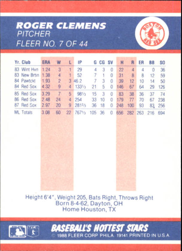 1988 Fleer Hottest Stars #7 Roger Clemens back image