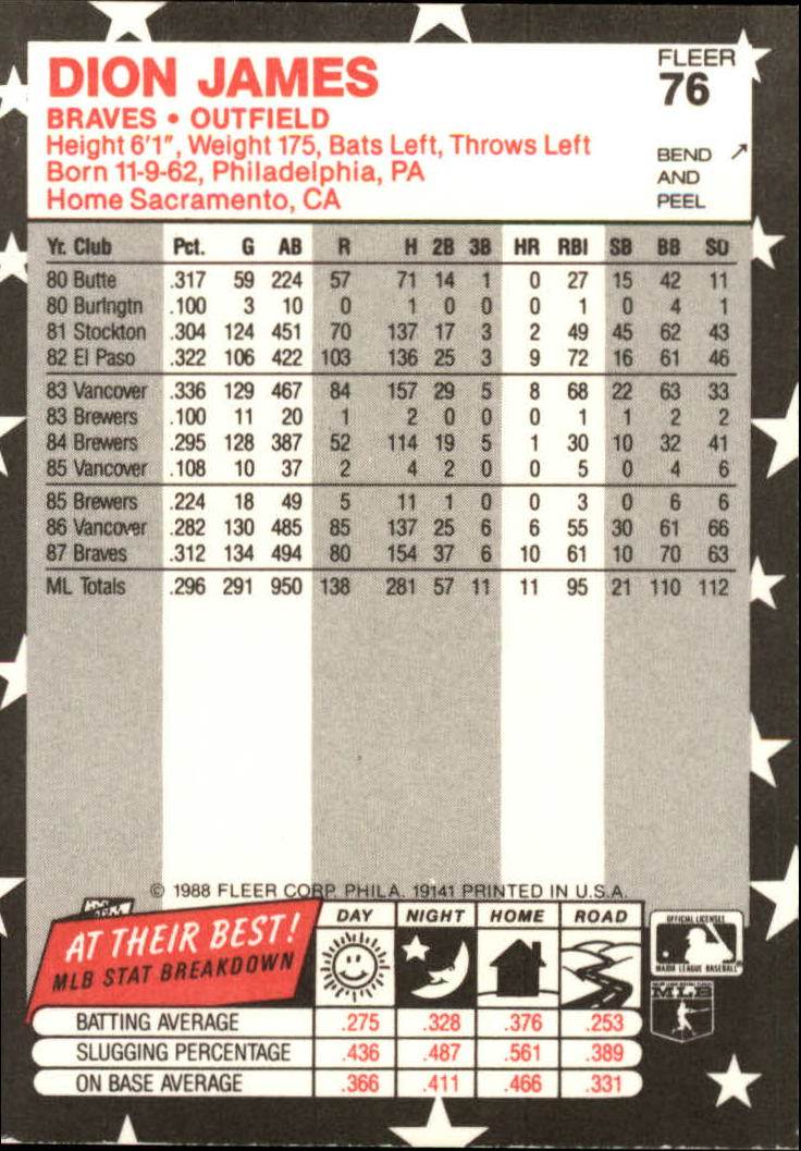 1988 Fleer Star Stickers Baseball "Main Set" Base Cards