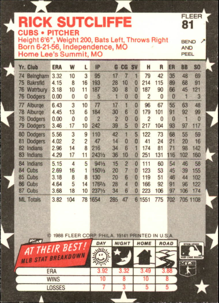 1988 Fleer Star Stickers Baseball "Main Set" Base Cards