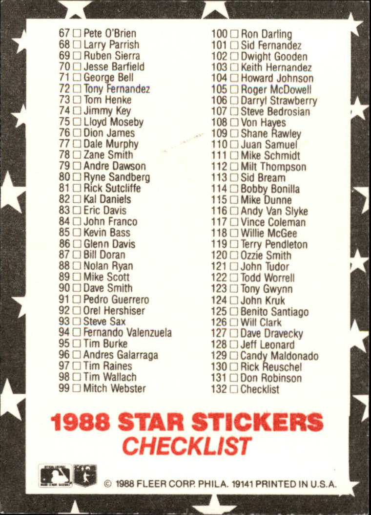 1988 Fleer Star Stickers Baseball "Main Set" Base Cards