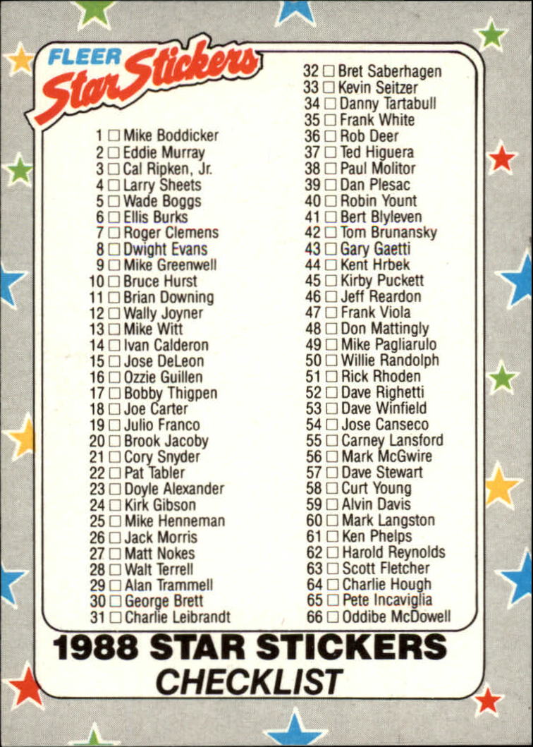 1988 Fleer Star Stickers Baseball "Main Set" Base Cards