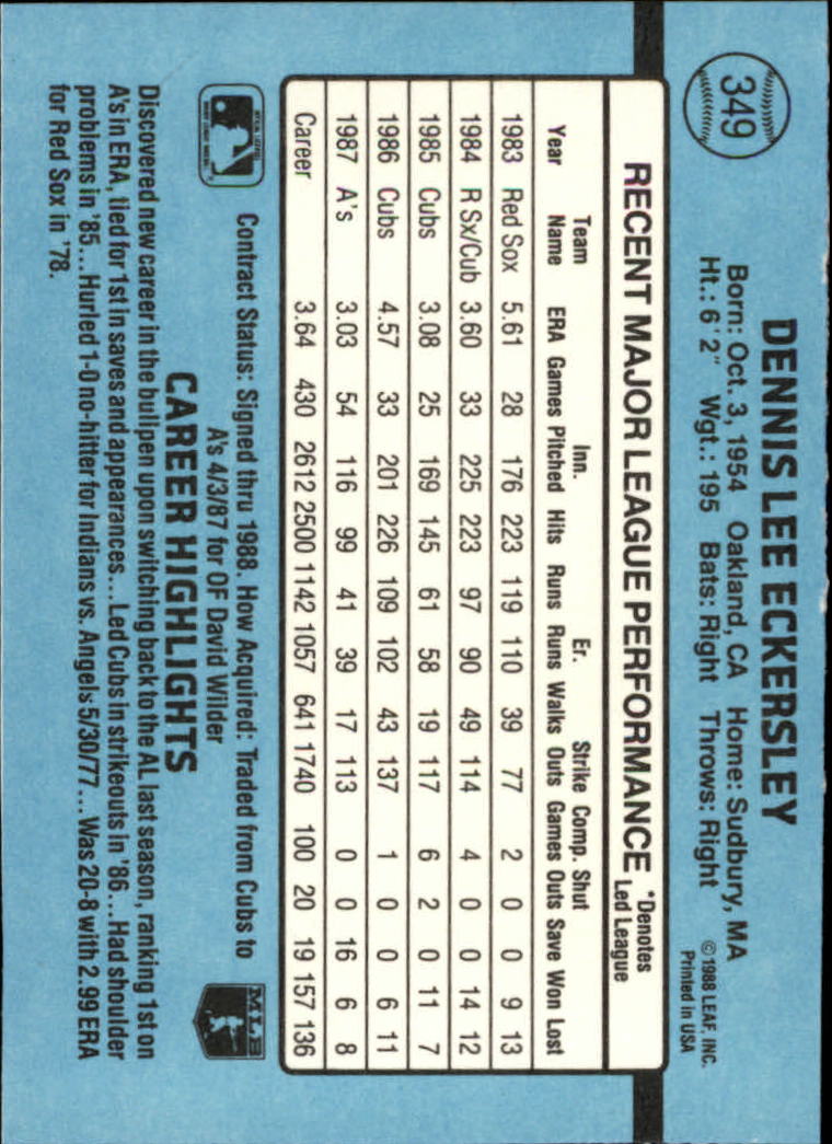 1988 A's Donruss Team Book #349 Dennis Eckersley back image