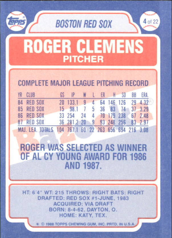 1988 Bazooka #4 Roger Clemens back image