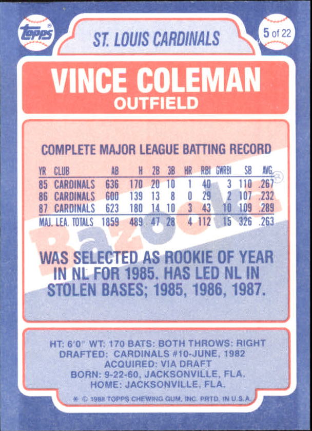 1988 Bazooka #5 Vince Coleman back image